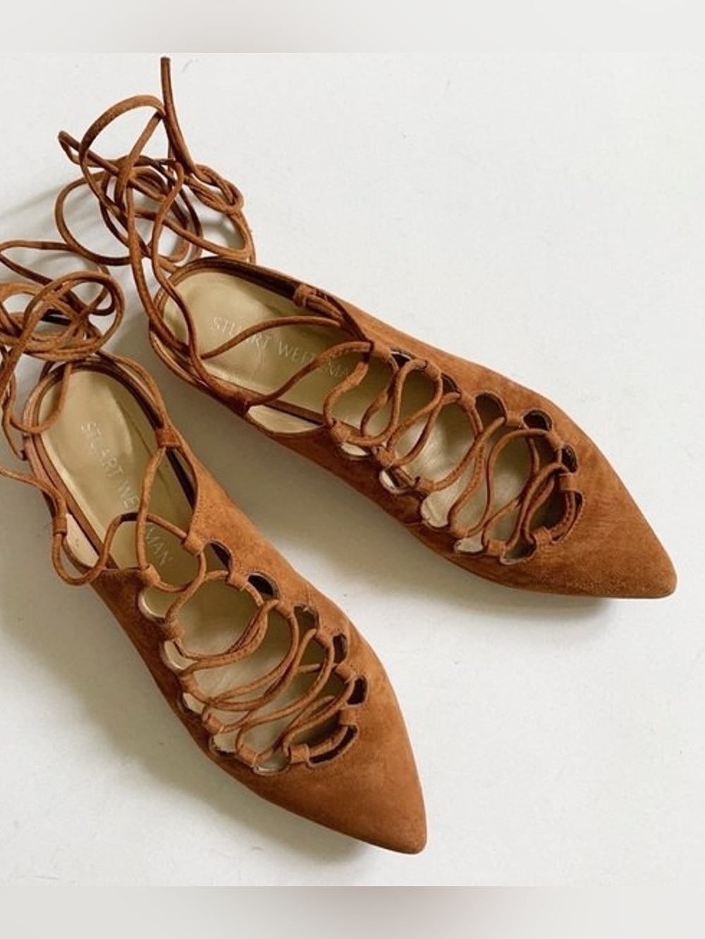 Stuart Weitzman Lace-Up Pointed Flats - Rust Brown Suede - Picture 4 of 4